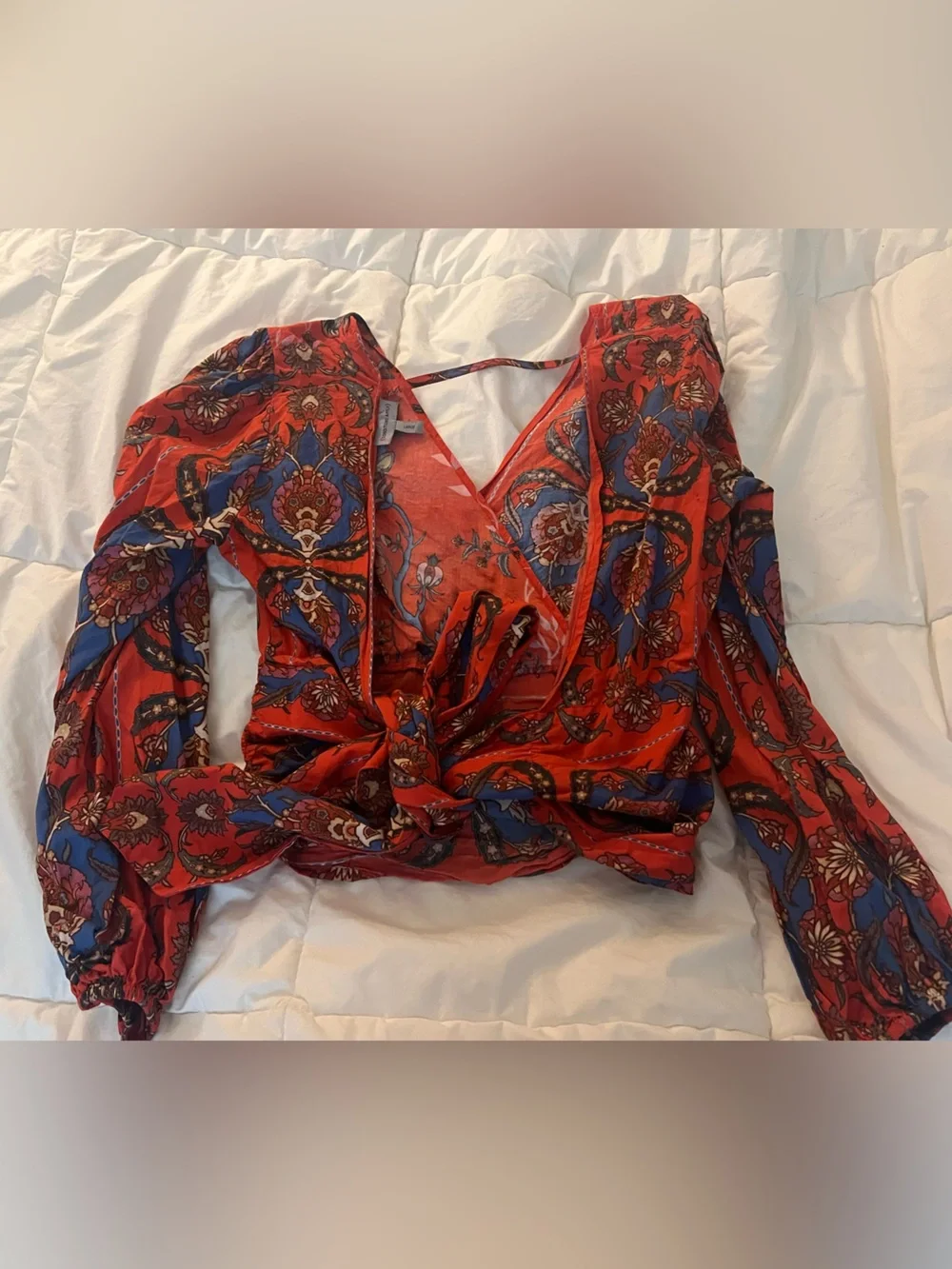 Anthropologie Red Floral-Print Wrap Crop Top